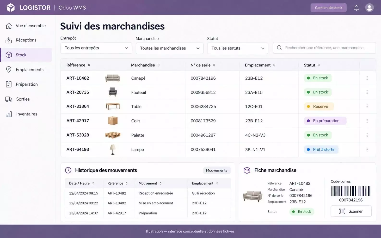 Interface Odoo WMS : suivi des marchandises par référence, emplacement et statut