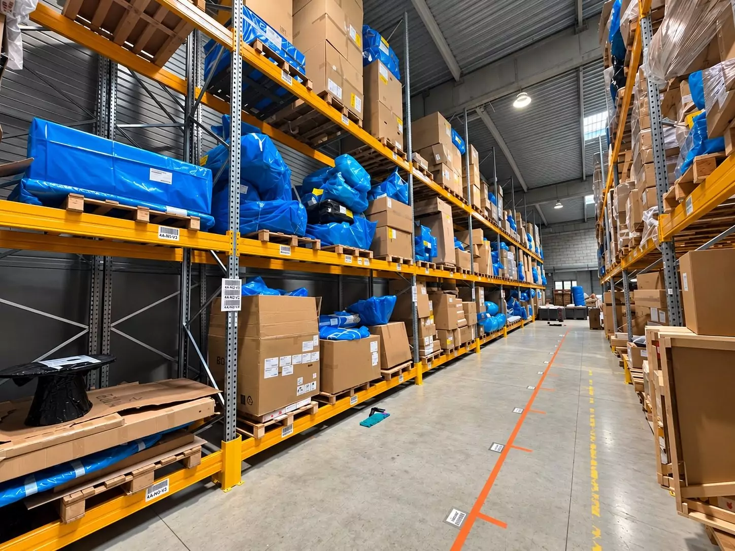 Racks de stockage chargés de palettes, cartons et marchandises protégées dans un entrepôt LOGISTOR
