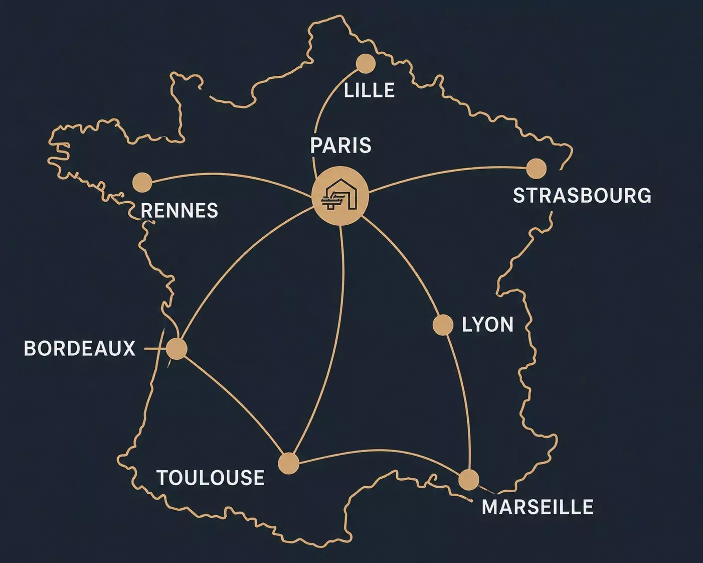 Carte du réseau LOGISTOR : Paris relié à Lille, Rennes, Strasbourg, Lyon, Bordeaux, Toulouse et Marseille