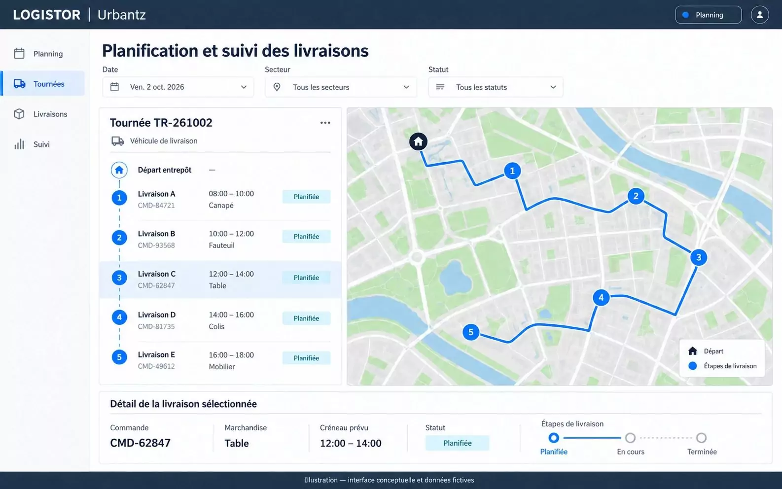 Interface Urbantz : planification d'une tournée de livraison sur carte
